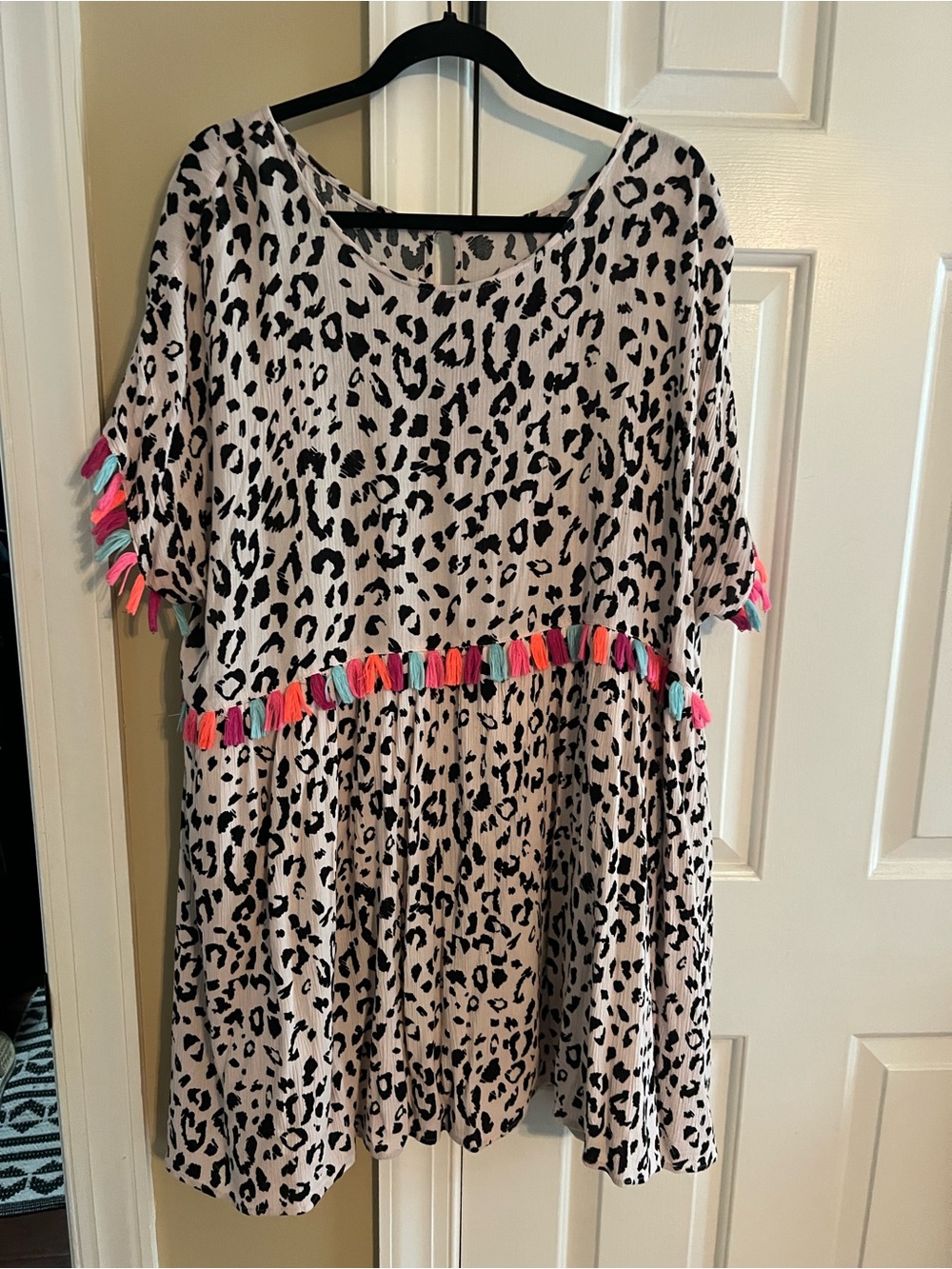 Chic Soul Beige Leopard Print Tunic with Pink, Coral & Teal Tassels